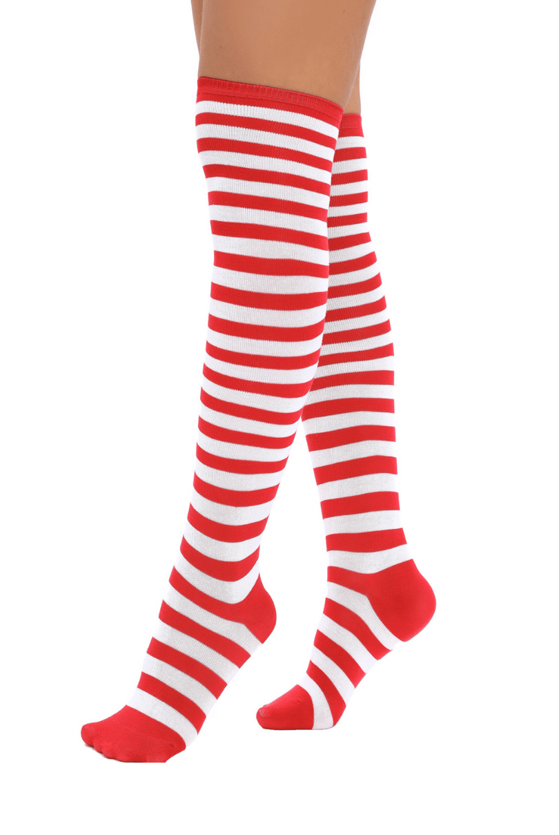 Lunedear 2 Pack Striped Long Socks Leg Warmer Socks Christmas Elf Mrs Claus Over Knee Stockings for Womens Girls