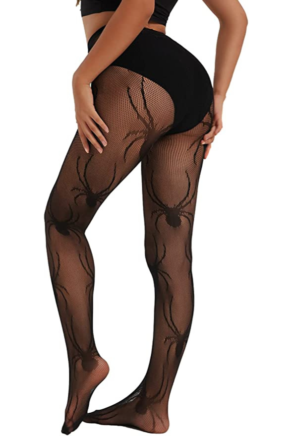 Lunedear Spiders Pattern Fishnet Tights Womens Black Sexy High Waist Spider Print Net Leggings Stockings