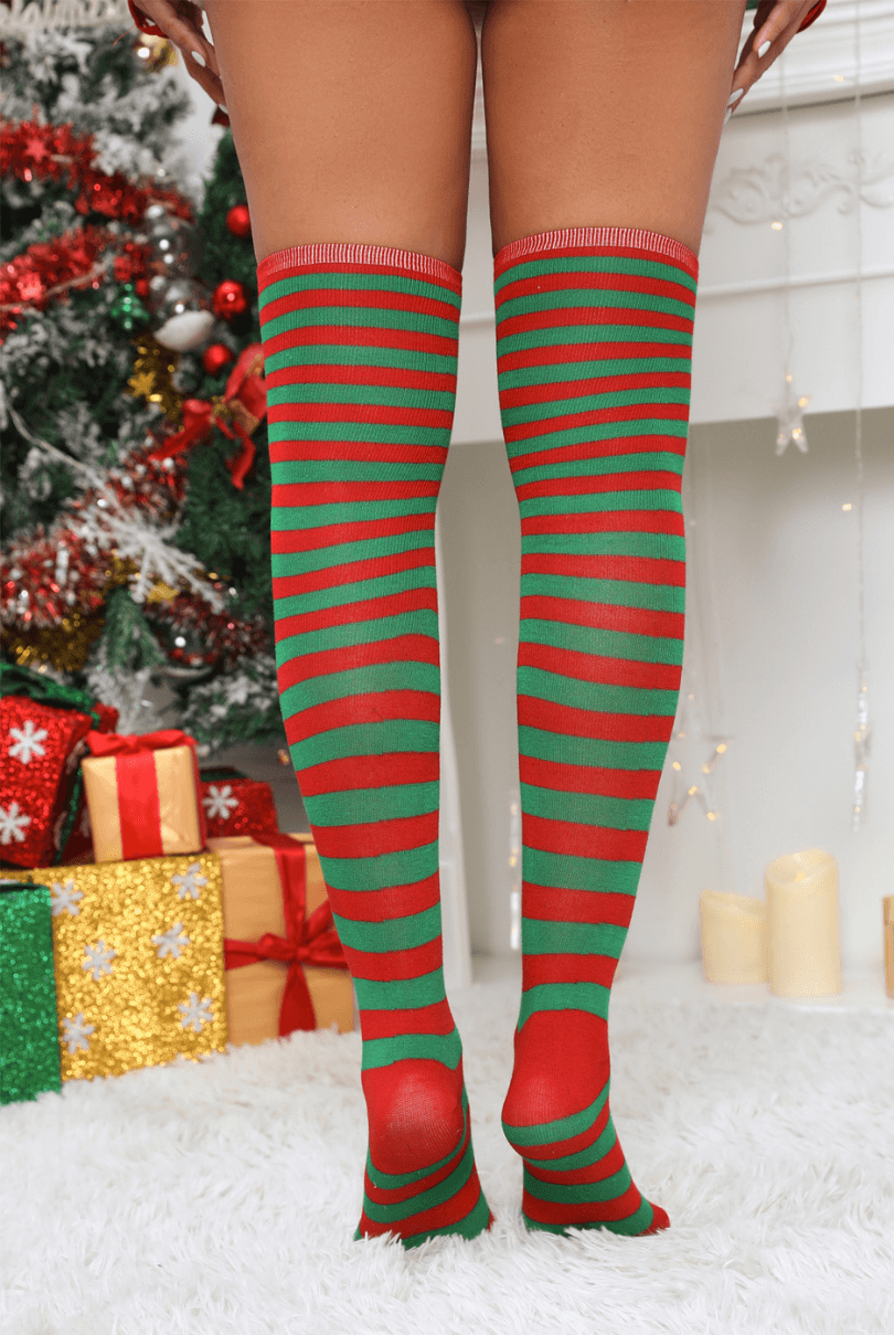 Lunedear 2 Pack Striped Long Socks Leg Warmer Socks Christmas Elf Mrs Claus Over Knee Stockings for Womens Girls