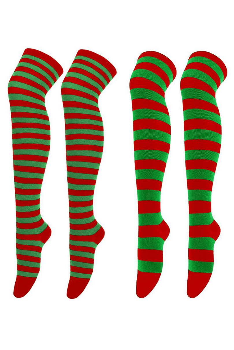 Lunedear 2 Pack Striped Long Socks Leg Warmer Socks Christmas Elf Mrs Claus Over Knee Stockings for Womens Girls