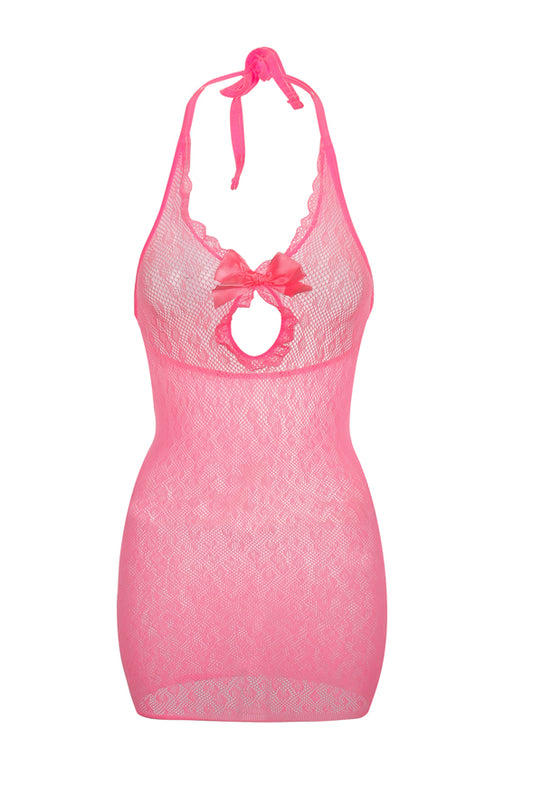 Lunedear Pink Fishnet Dress Women Sexy Mesh Holiday Festival Party Lingerie Shirts Bow Going out Dress Patterned Tights Beach Coverup Sundress Swimsuits Cover Up